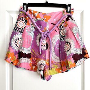 ALEXIS Pink Multi Paisley Floral Linen Silk Blend Belted Pleated Shorts Size S